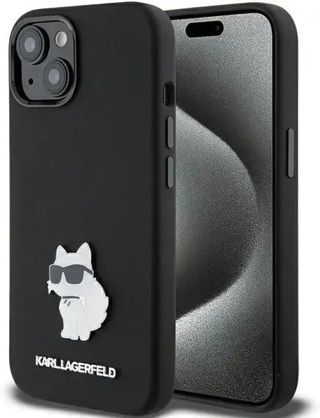 Karl Lagerfeld Silicone Choupette Metal Pin case for iPhone 15 Plus | 14 Plus - black