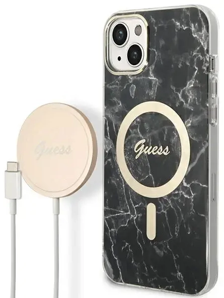 Zestaw Guess GUBPP14MHMEACSK Case+ Charger iPhone 14 Plus 6,7" czarny|black hard case Marble MagSafe