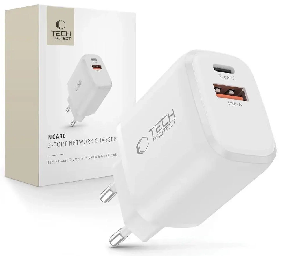 Tech-Protect NCA30 tinklo įkroviklis | 30W | PD, QC | USB-A, USB-C | baltas