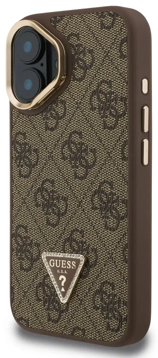 Guess PU 4G Strass Triangle Logo Stand Camera Frame MagSafe Case for iPhone 16 Brown