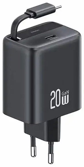 USAMS YC Series travel charger | 20W | PD, QC, GaN | USB-C | with USB-C to USB-C cable included | black
