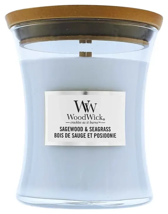 Kvapioji žvakė WoodWick Sagewood & Seagrass su medine dagtimi 275 g