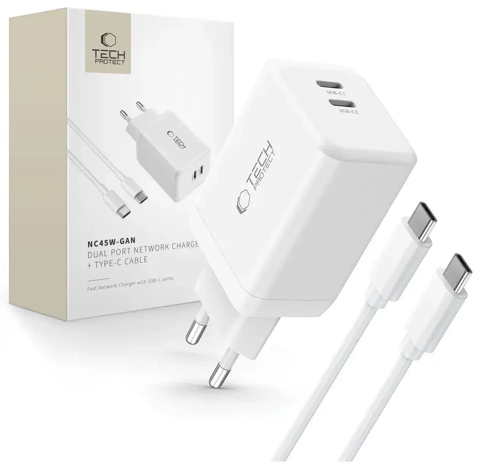 TECH-PROTECT NC45W зарядное устройство | 45W | GaN, PD | USB-C | с проводом USB-C на USB-C в комплекте | белое
