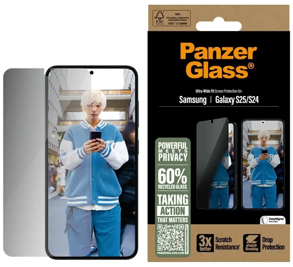PanzerGlass Ultra-Wide Fit apsauginis stiklas telefonui Samsung Galaxy S25 (privatumo efektas)