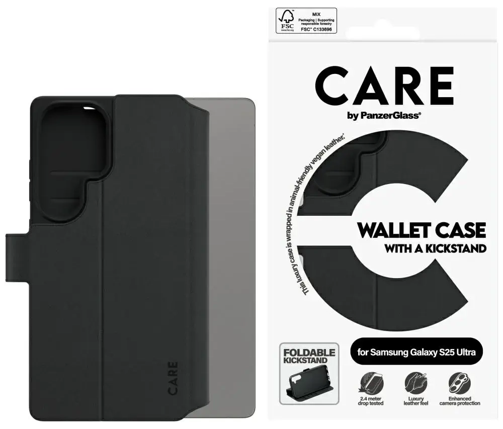 CARE by PanzerGlass Feature Wallet Kickstand dėklas Samsung Galaxy S25 Ultra, juodas