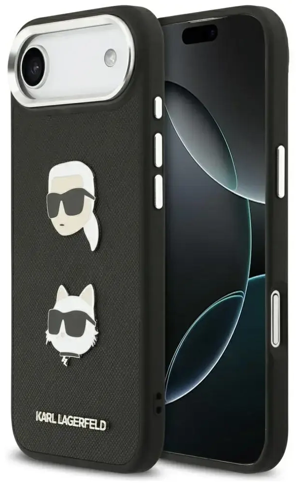 Karl Lagerfeld FW Grained Karl & Choupette Heads Pins & Logo Case for iPhone Air Black