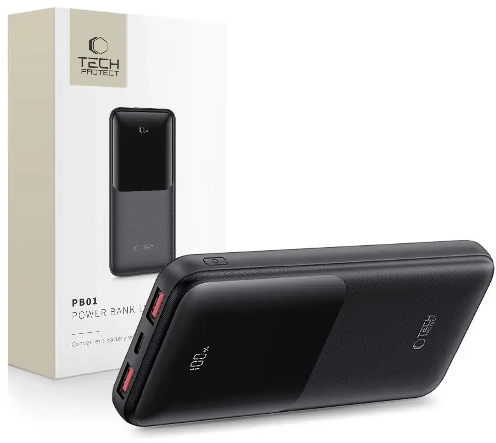 Tech-Protect PB01 external battery (powerbank) | 10000 mAh | 22.5W | USB-A, USB-C | LED display | black