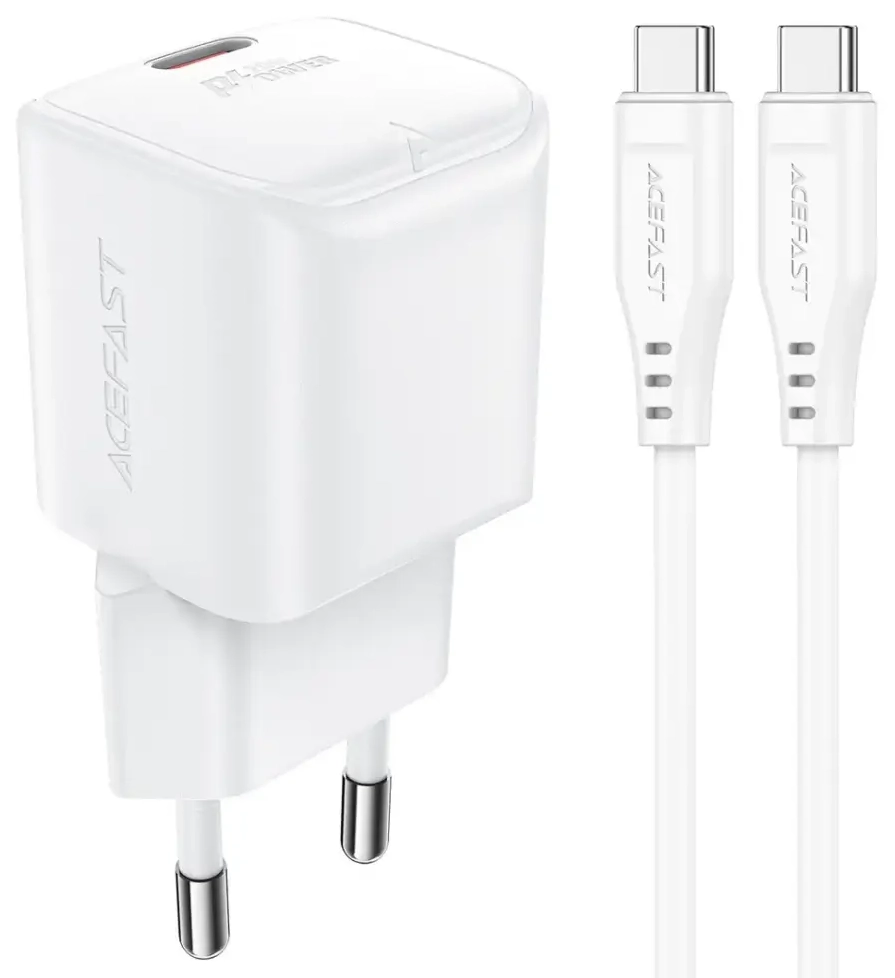 Acefast A73 tīkla lādētājs | 20W | PD, GaN | USB-C | USB-C uz USB-C vads komplektā | balts