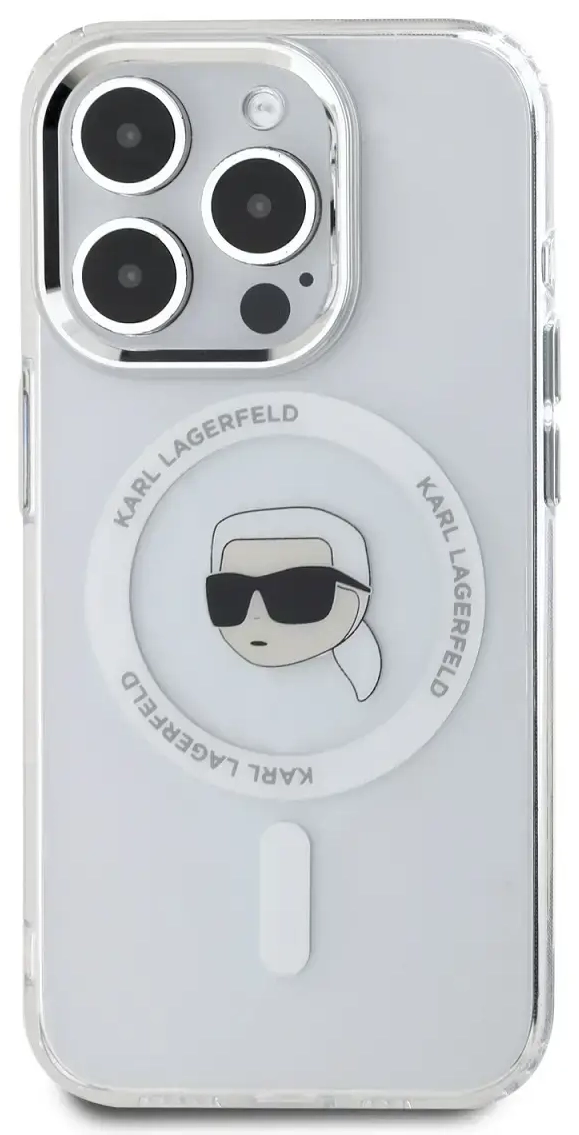 Karl Lagerfeld IML Karl Head Metal Frame MagSafe Case for iPhone 15 Pro Transparent