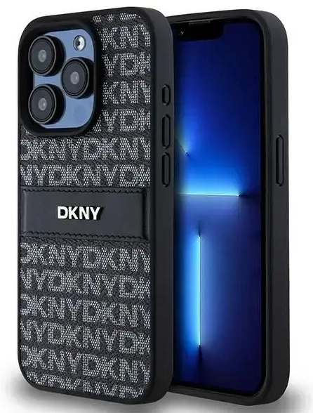 DKNY Leather Mono Stripe & Metal Logo case for iPhone 15 Pro - black