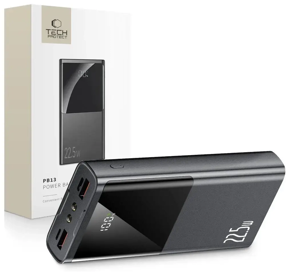 Tech-Protect PB13 ārējais akumulators (powerbank) | 20000 mAh | 22.5W | USB-A, USB-C, Lightning | LED lukturītis, LED ekrāns | pelēks