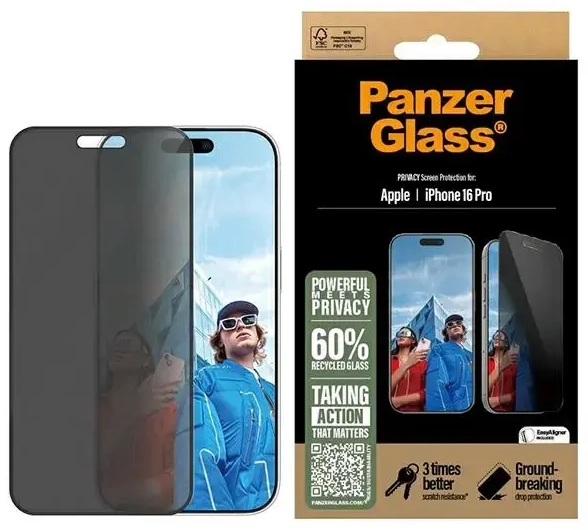PanzerGlass Privacy Screen Protector iPhone 16 Pro 6.3" Ultra-Wide Fit P2862