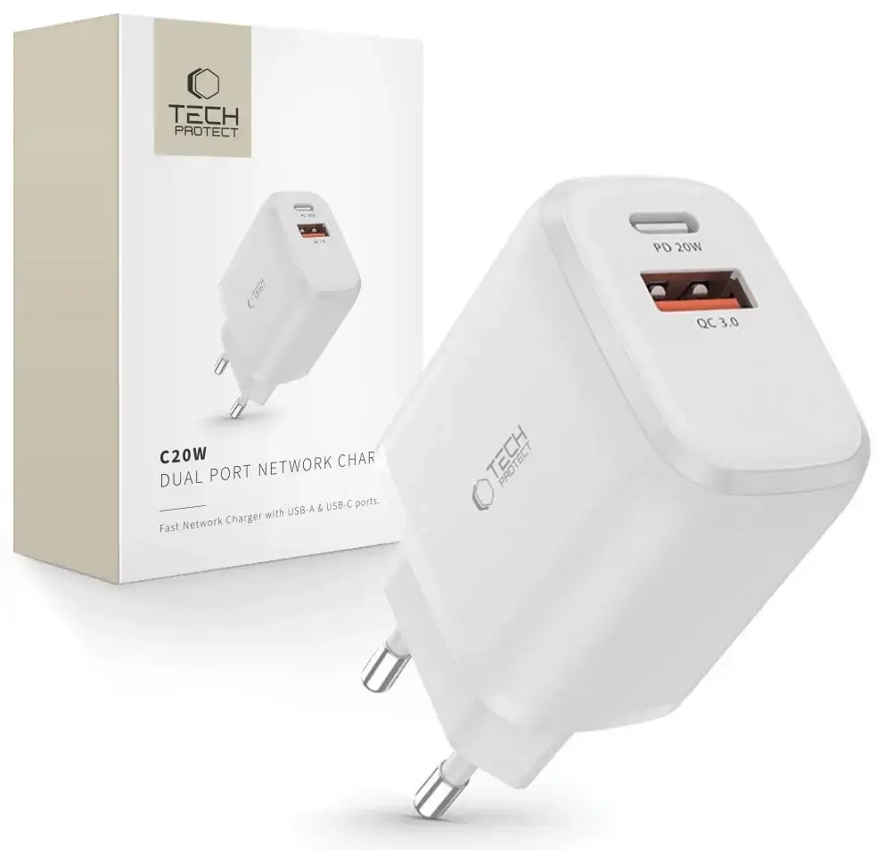 Tech-Protect C20W travel charger | 20W | PD, QC3.0 | USB-C, USB-A | white