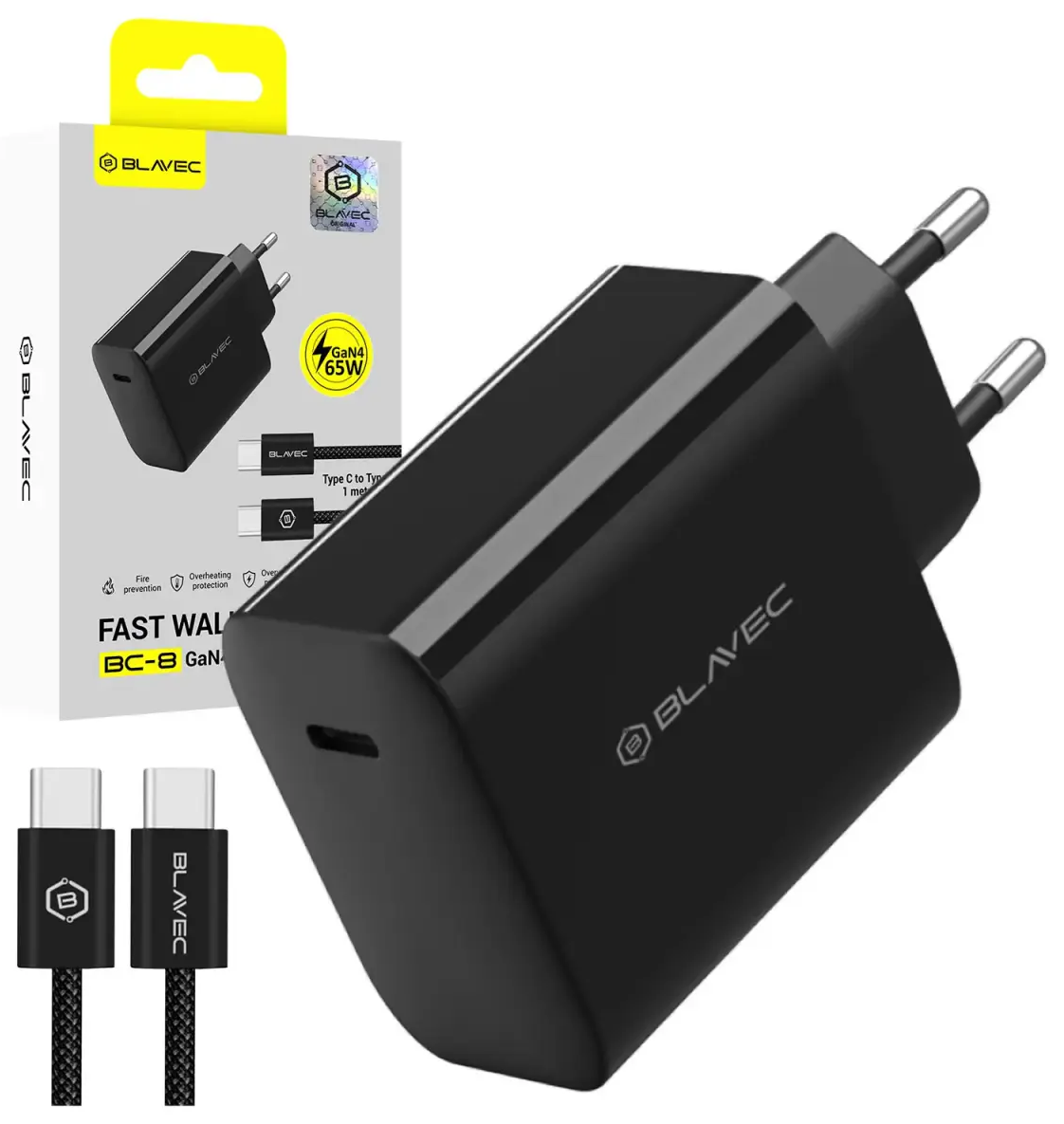 Blavec BC-8 tīkla lādētājs | 65W | PD, QC, GaN | USB-C | ar USB-C uz USB-C vadu komplektā | melns