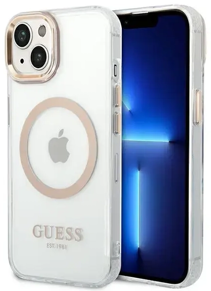 Guess Transparent MagSafe Compatible Case for iPhone 14 Gold