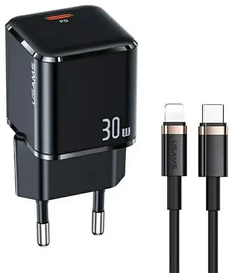 USAMS T45 tīkla lādētājs | 30W | PD3.0 | USB-C | USB-C uz Lightning vads komplektā | melns