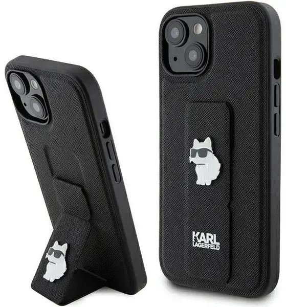 Karl Lagerfeld Gripstand Saffiano Choupette Pins case for iPhone 15 - black