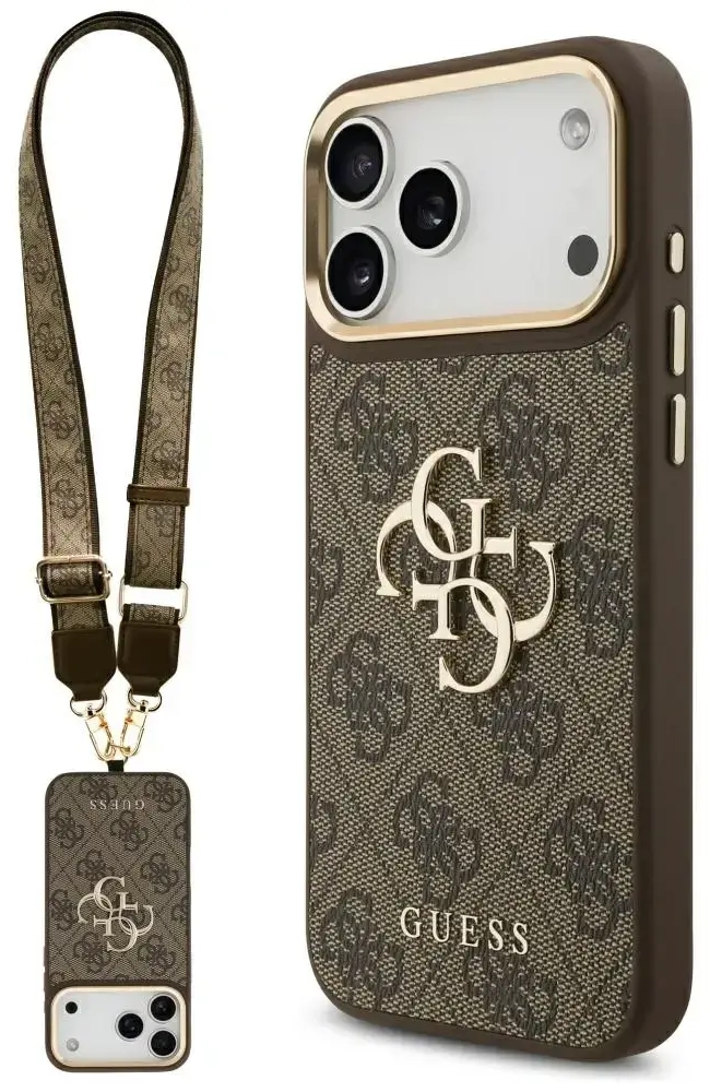 Guess 4G Big 4G Classic Logo Big Strap Metal Buttons Case for iPhone 17 Pro Max Brown
