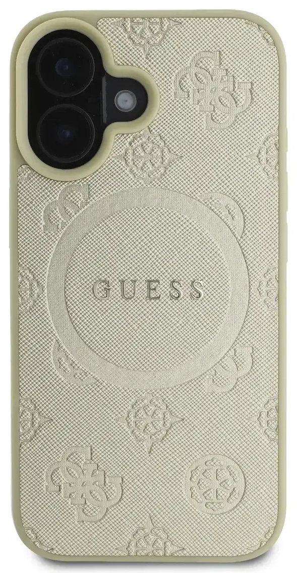Guess Saffiano Peony Stamp MagSafe Case for iPhone 16 Gold