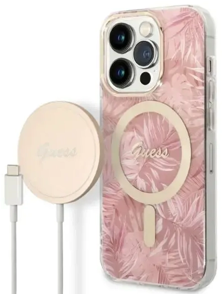 Zestaw Guess GUBPP14LHJEACSP Case+ Charger iPhone 14 Pro 6,1" różowy|pink hard case Jungle MagSafe