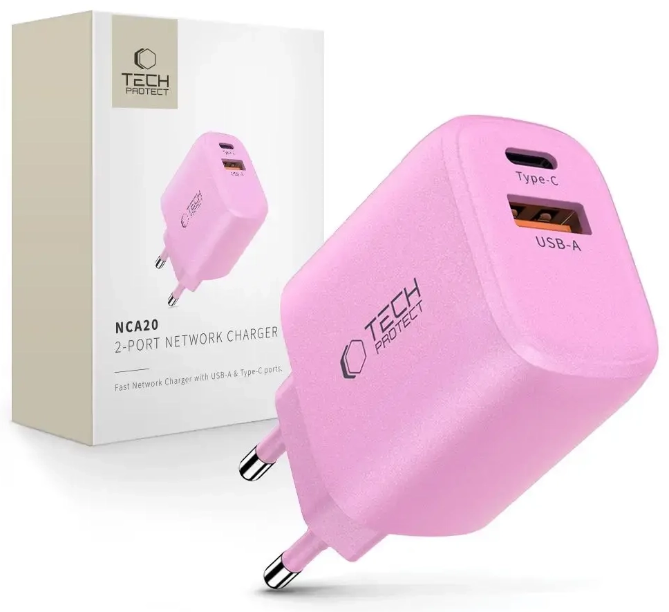 Tech-Protect NCA20 tīkla lādētājs | 20W | PD, QC | USB-A, USB-C | rozā