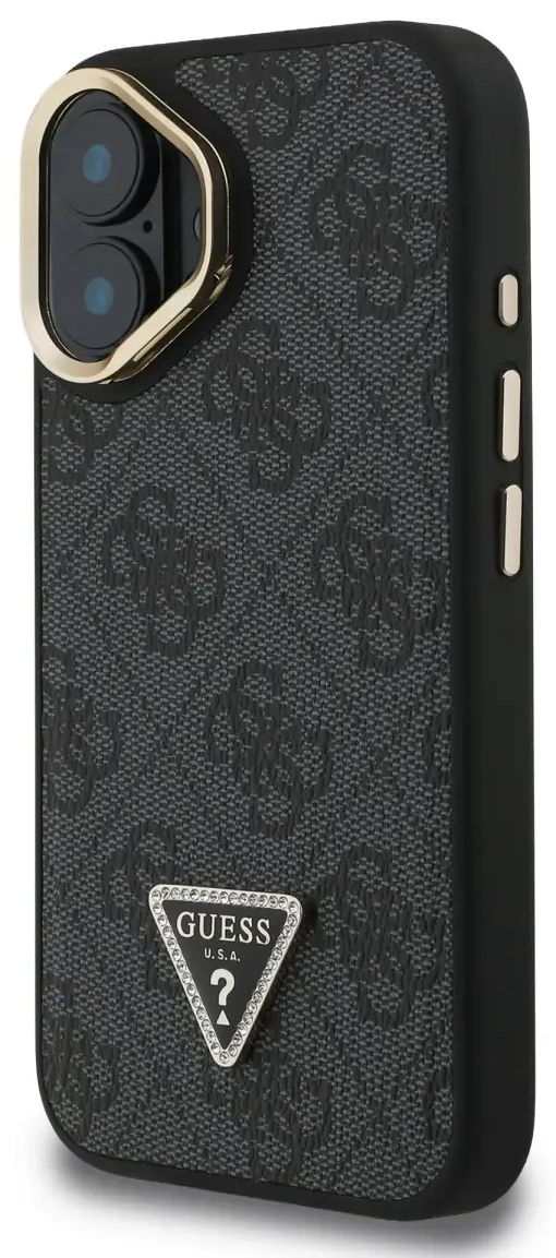 Guess PU 4G Strass Triangle Logo Stand Camera Frame MagSafe Case for iPhone 16 Black