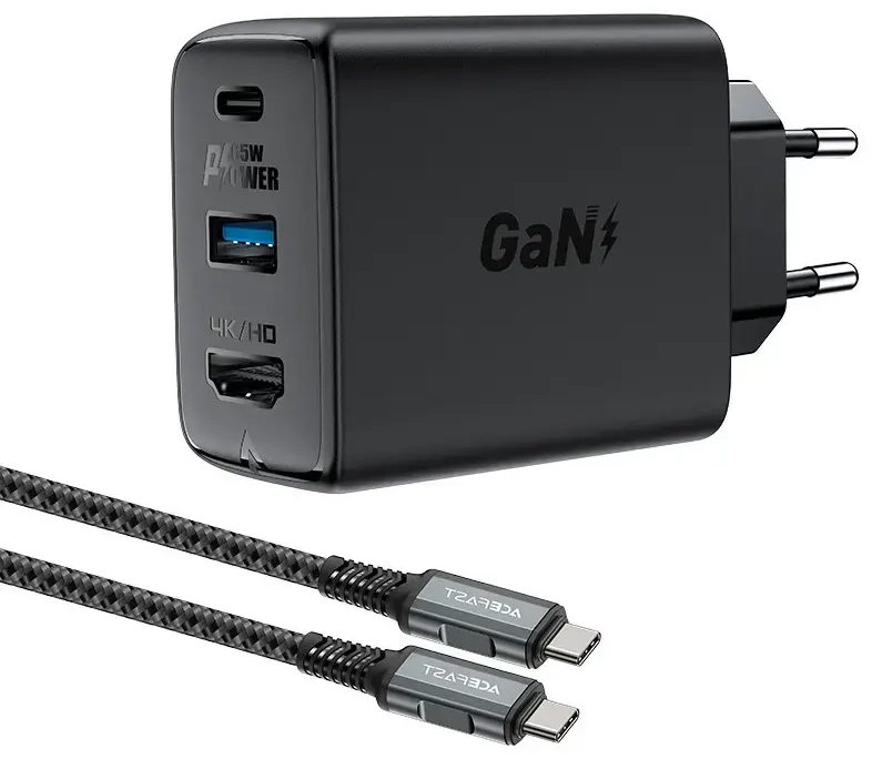 Acefast A17 tīkla lādētājs | 65W | GaN | USB-C, USB-A | USB-C uz USB-C vads komplektā | melns