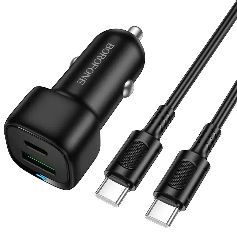 Borofone BZ34B Cloud auto lādētājs | 20W | PD, QC | USB-A, USB-C | ar USB-C uz USB-C vadu komplektā | melns