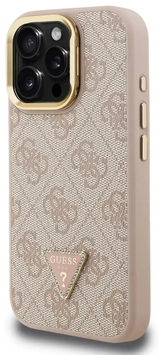 Guess PU 4G Strass Triangle Logo Stand Camera Frame MagSafe telefona maciņš iPhone 15 Pro Max Pink
