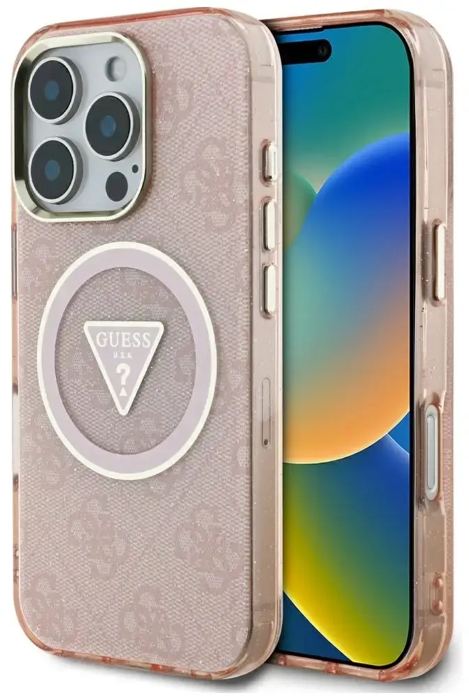 Guess IML Metal Glitter 4G Circle Triangle telefona maciņš priekš iPhone 16 Pro rozā ar MagSafe