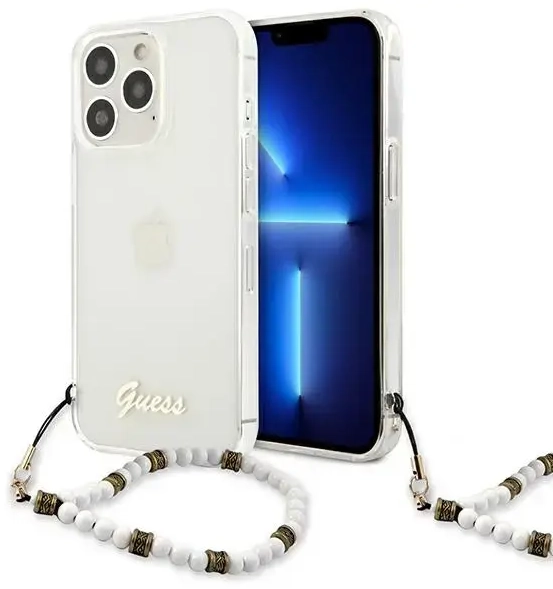 GUHCP13LKPSWH Guess PC Script and White Pearls Case for iPhone 13 Pro Transparent