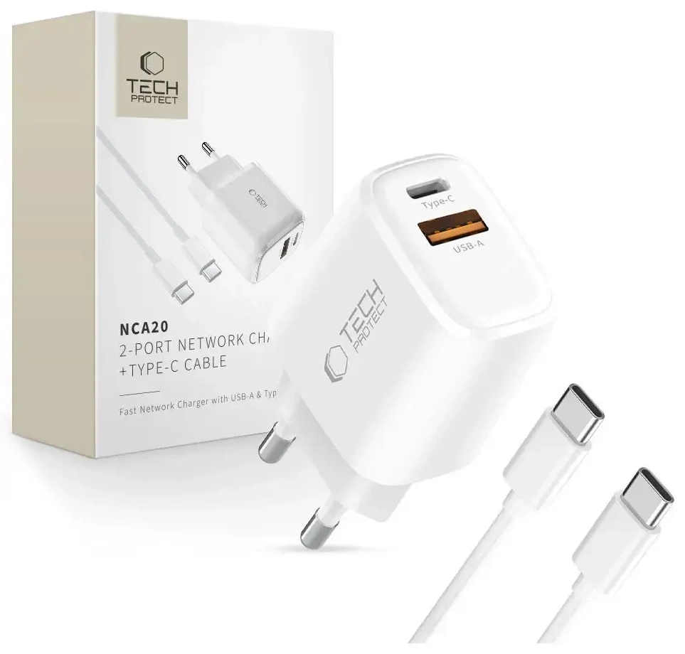 Tech-Protect NCA20 tīkla lādētājs | 20W | PD, QC | USB-A, USB-C | ar USB-C uz USB-C vadu komplektā | balts