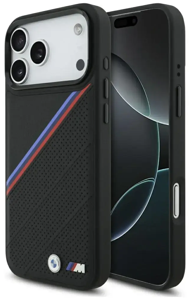 BMW M Tricolor Metal Logo phone case with MagSafe support for iPhone 17 Pro Max black