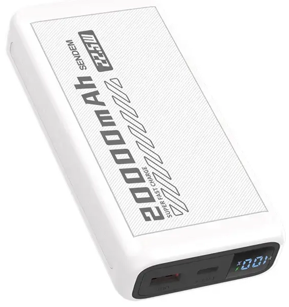 SENDEM PH82 ārējais akumulators (powerbank) | 20000 mAh | 22.5W | USB-C, USB-A | LED ekrāns | balts