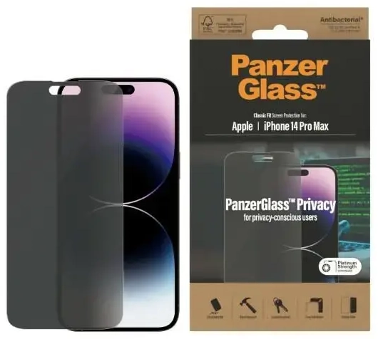 PanzerGlass Classic Fit apsauginis stiklas telefonui iPhone 14 Pro Max 6,7" (privatumo efektas)