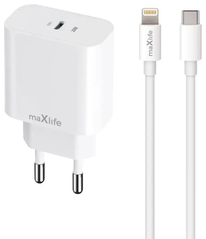 Maxlife MXTC-06-20C tīkla lādētājs | 20W | PD, QC | USB-C | USB-C uz Lightning vads komplektā | balts