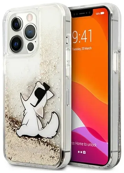 KLHCP13XGCFD Karl Lagerfeld Liquid Glitter Choupette Eat Case for iPhone 13 Pro Max Gold