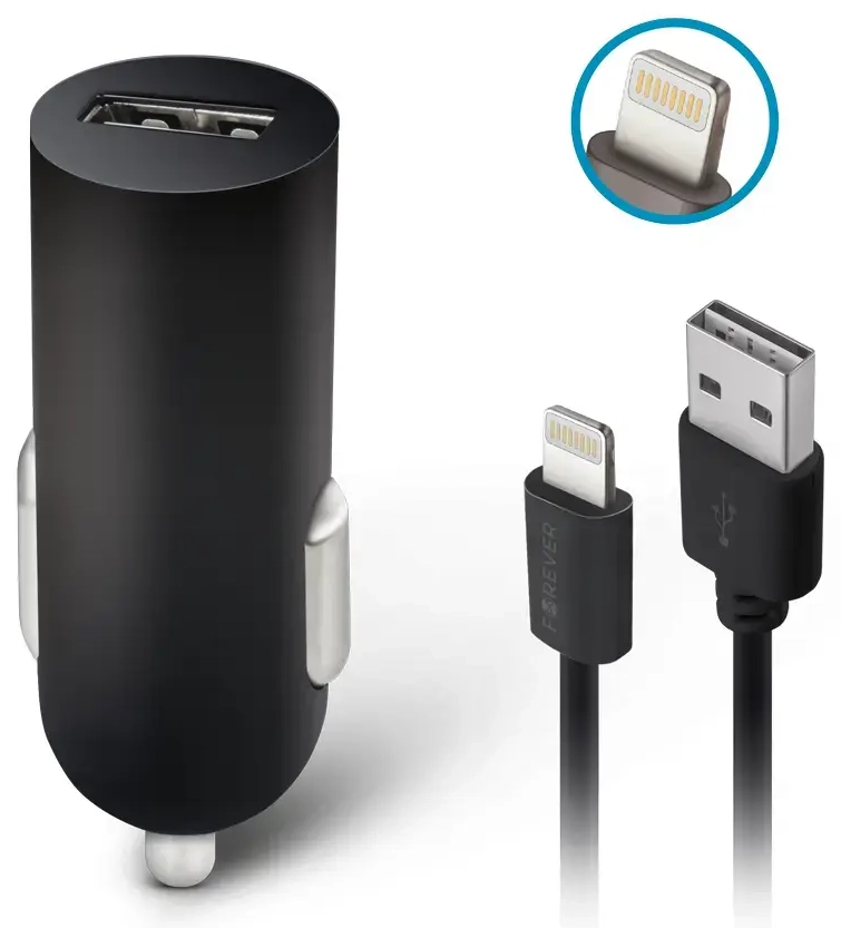 Forever M02 auto lādētājs | 5W | USB-A, Lightning | ar Lightning vadu komplektā | melns