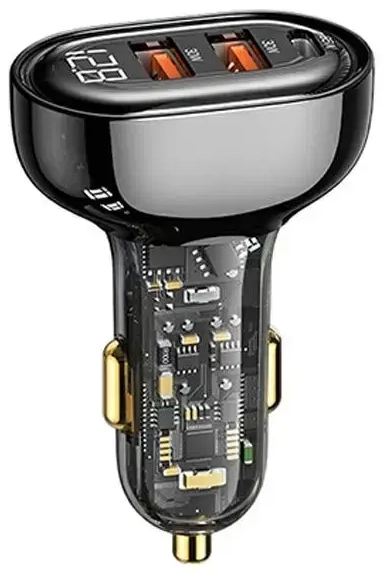 USAMS CC158CC01 US-CC158 automašīnas lādētājs | 125W | nav tehnoloģiju | USB-C, USB-A | kabelis nav iekļauts | caurspīdīgi melns