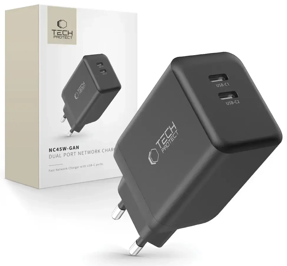 TECH-PROTECT NC45W tīkla lādētājs | 45W | GaN, PD | USB-C | melns