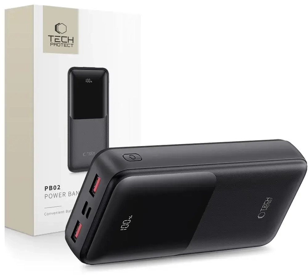 Tech-Protect PB02 ārējais akumulators (powerbank) | 20000 mAh | 22.5W | USB-A, USB-C, Micro USB | LED ekrāns | melns