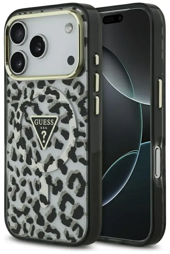 Guess Leopard Glitter telefono dėklas su MagSafe palaikymu iPhone 17 Pro juodas
