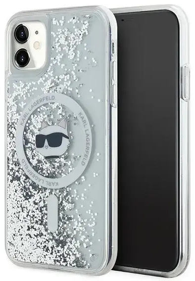 Karl Lagerfeld KLHMN61LGCHSGH Liquid Glitter Choupette Head maciņš ar MagSafe atbalstu telefonam iPhone 11 | iPhone XR caurspīdīgs (kaķis)