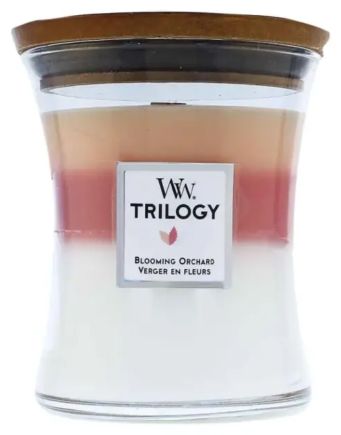 Kvapioji žvakė WoodWick Trilogy Blooming Orchard su medine dagtimi 275 g