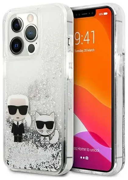 KLHCP13XGKCS Karl Lagerfeld Liquid Glitter Karl and Choupette Case for iPhone 13 Pro Max Silver