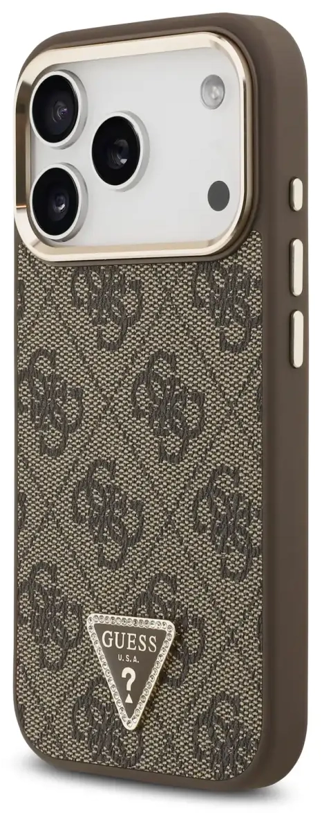 Guess PU Leather 4G Strass Triangle Logo Gold Frame MagSafe Case for iPhone 17 Pro Brown