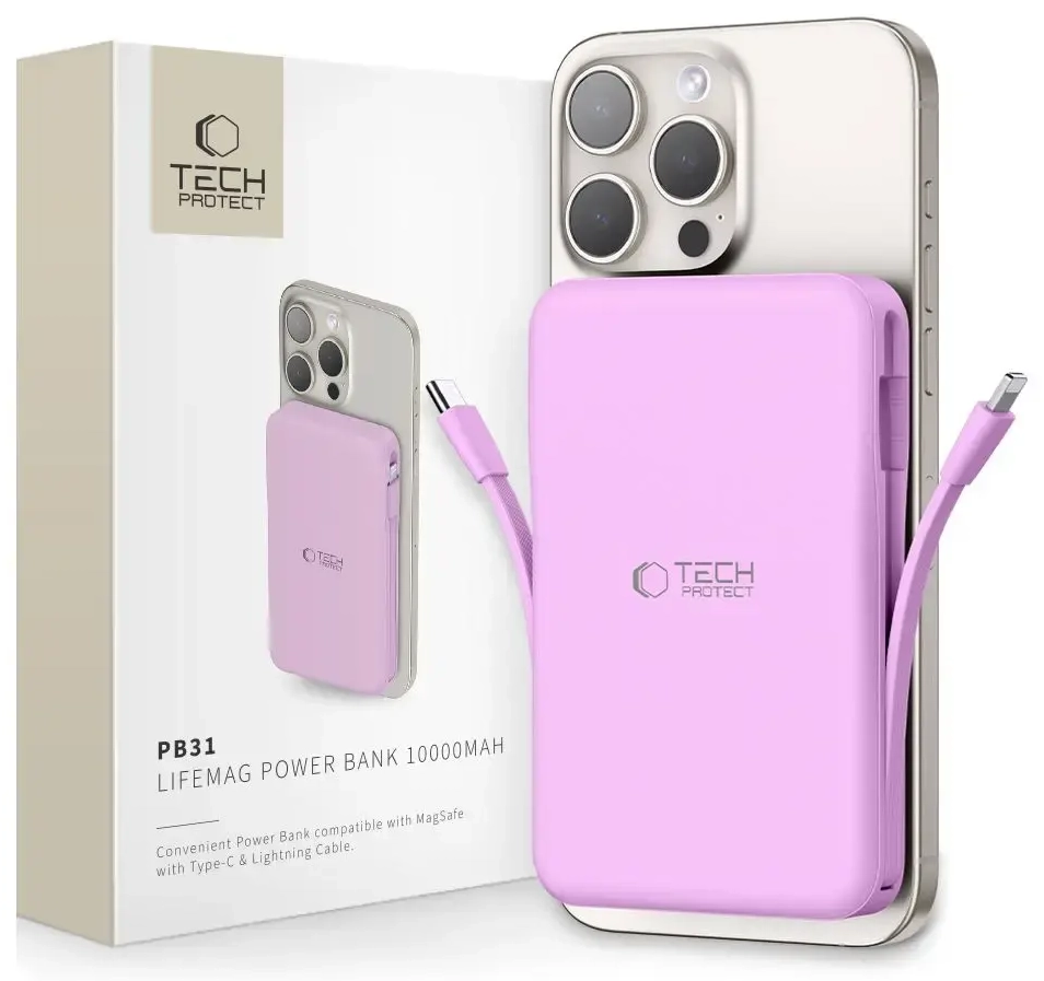 Tech-Protect PB31 LifeMag ārējais akumulators (powerbank) | 10000 mAh | 18W | USB-C, USB-A, Lightning, MagSafe | lavanda