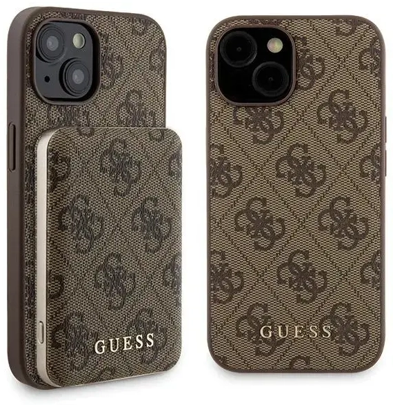 Zestaw Guess GUBPM5P15S4GEMGW iPhone 15 6.1" hardcase + Powerbank 5000mAh MagSafe brązowy|brown 4G Metal Logo
