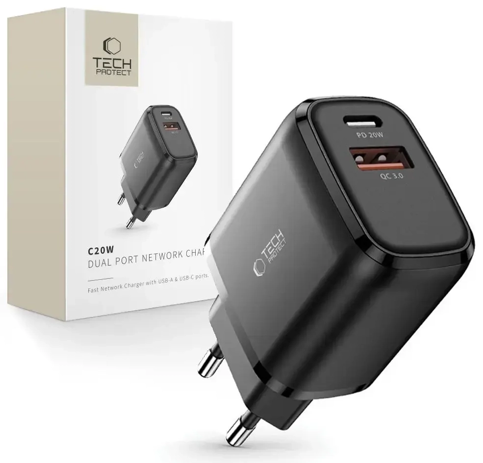 Tech-Protect C20W travel charger | 20W | PD, QC3.0 | USB-C, USB-A | black
