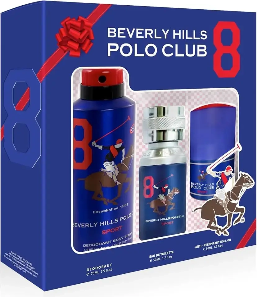 Beverly Hills Polo Club rinkinys: 1982 - Sport 8, tualetinis vanduo, vyrams, 50 ml + 1982 - Sport 8, antiperspirantas, purškiamas dezodorantas, vyrams, 175 ml + 1982 - Sport 8, antiperspirantas, rutulinis dezodorantas, vyrams, 50 ml